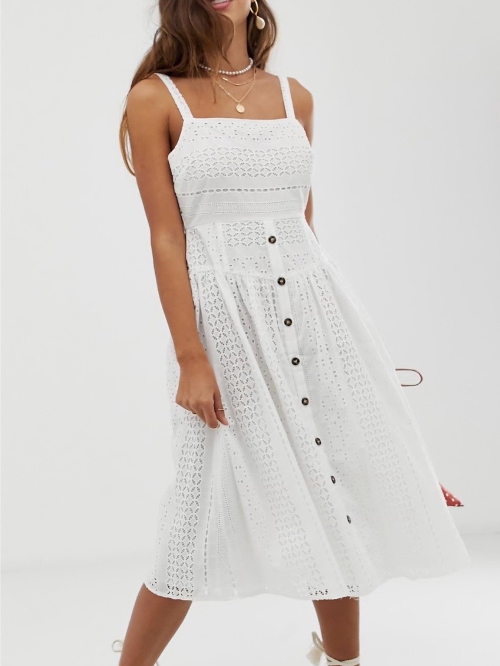 ASOS DESIGN broderie midi sundress with button front in white